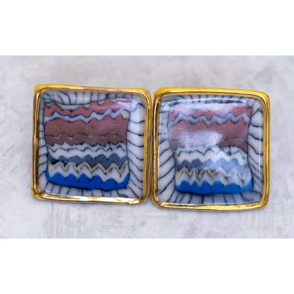 Vintage Square Geometric Gold Tone Stud Earrings - CF1 - Picture 2 of 3